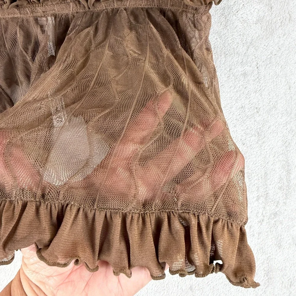 Out From Under Brown Sheer Mesh Ruffle Halter Top Small Medium V-Neck Tie Front